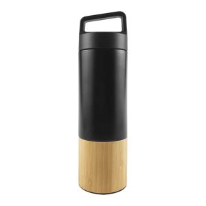 Printable Black Stainless Steel Flask with Bamboo