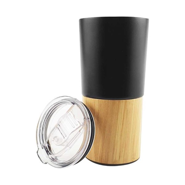 Black Stainless Steel Travel Mug with Bamboo