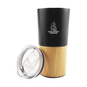 Black Stainless Steel Travel Mug with Bamboo